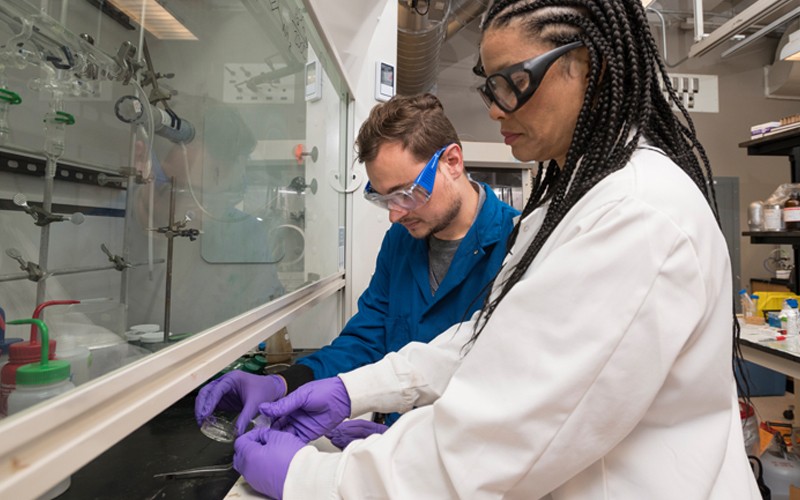 Doctoral student Chase Thompson (left) is mentored by Prof. LaShanda Korley.